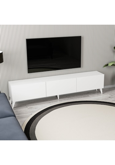 1250 Elisa 3 Kapaklı Kulpsuz 180 Cm Ayaklı Tv Ünitesi Beyaz