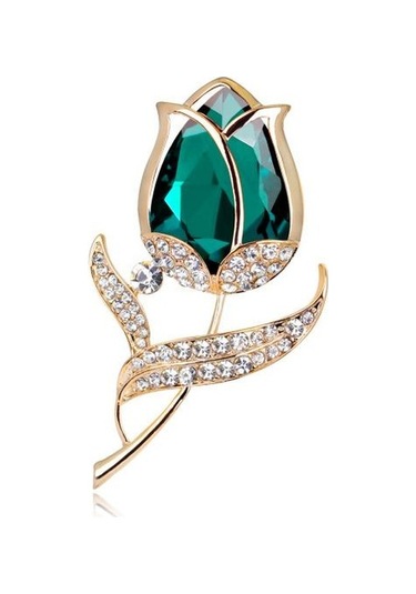 Yeşil Çiçek Yapay Elmas Broş Lale Cam Broş Yeşil