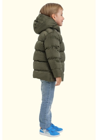 Erkek Çocuk Polarlı Kapüşonlu Su Geçirmez Rüzgara Dayanıklı Şişme Kışlık Mont Haki