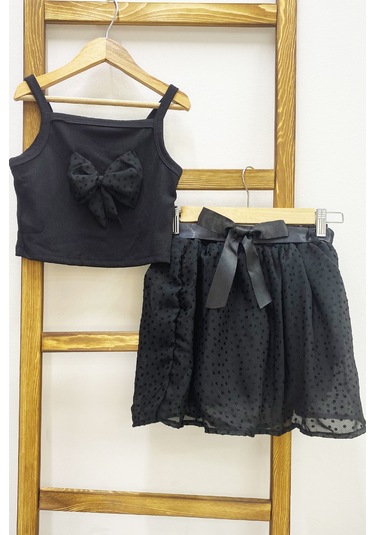 Kız Çocuk Etekli Takım Askılı Badi Fiyonklu Fırfırlı D29 Siyah
