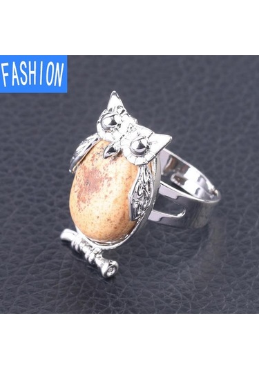 Resim Jasper Metal Baykuş Dışbükey Doğal Kristal Kakma Ayarlanabilir Yüzük Çok Renkli