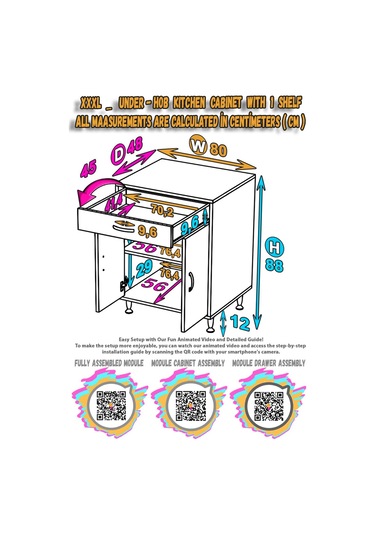 Modilayn Qplas Xxxl Set Ocak Altı Dolap 80x88x48 Cm Çekmeceli, Kapaklı 2 Göz Raf Bölmeli Beyaz