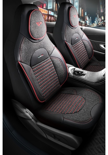 Füme - Kırmızı Panda Enzo Serisi Keten Kumaş Oto Koltuk Kılıfı - Tam Set