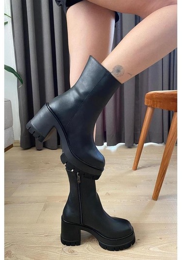 Asmi Shoes Kadın Leysi 8 Cm Platformlu Topuklu Fermuarlı Bot Siyah Siyah