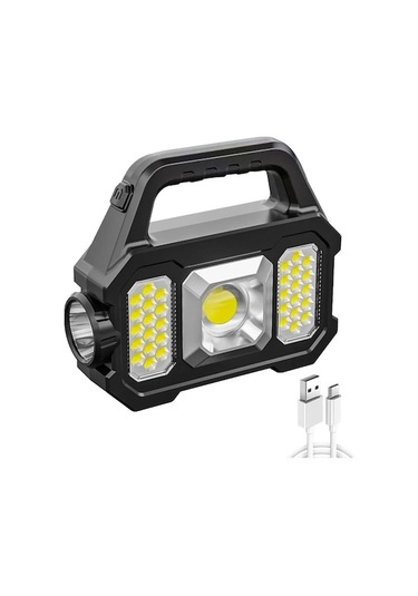 Led Güneş Enerjili Fener - 500 Lumen, 14 Saat Süre, Su Geçirmez, Powerbank Özelliği, Cob Yan Işık, 2205a Modeli Siyah Siyah