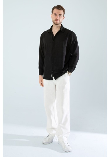 Rahat Kesim Keten Dokulu Gömlek Siyah