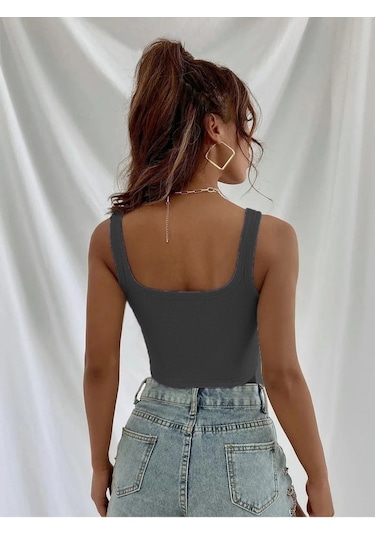 Askılı Fitilli Crop Top Bluz - Füme Füme