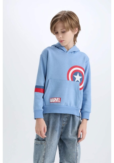 Defacto Erkek Çocuk Marvel Avengers Regular Fit Kapüşonlu Kalın Sweatshirt Kumaşı Sweatshirt D4717a8nsbe756 Mavi