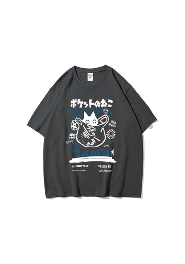 Teekossc 2024 Yaz Kedi Baskılı Harajuku Kawaii Erkek Kadın T-shirt Y2k Streetweargri Gri