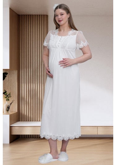 Mecit 6301 Ekru Hamile Lohusa Dantelli Sabahlık Gecelik Takım