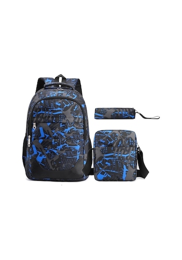 Rogfer Three-piece Student Backpack Set Casual Large Capacity Outdoor Travel Backpack Blue Camouflage Mavi MAvi