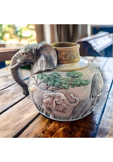 Fil Figürlü Vazo Bej Eskıtme 32 X 27
