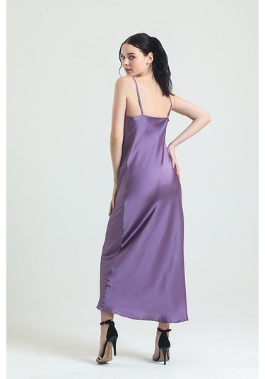 Magic Form 9790 Kadın Lila Degaje Yaka Krep Saten Uzun Gecelik Lila