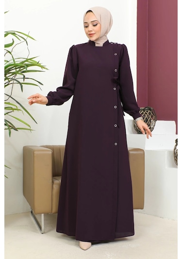 Nevayla Moda Bağlamalı Çıt Çıt Detaylı Ferace - Mürdüm Mürdüm