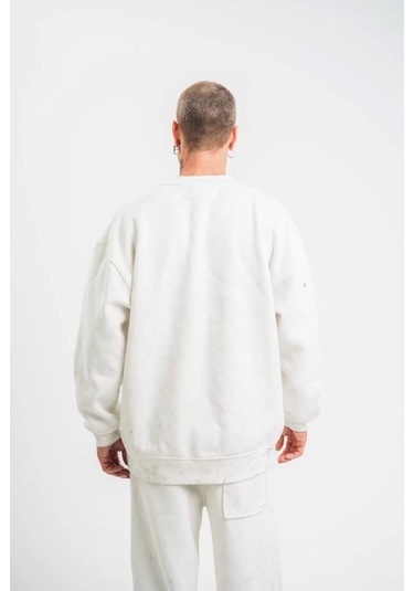 Unisex Uzun Kol Bisiklet Yaka Yıkamalı Sweatshirt - Beyaz Beyaz