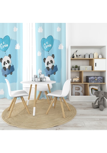 Uçan Panda Mavi 2 Kanat Fon Perde MAvi