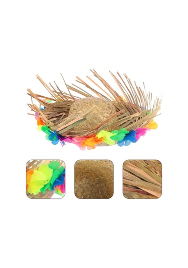 Naturel Renk Püsküllü Örme Hasır Hawaii Luau Ha Şapka 13x36 Cm