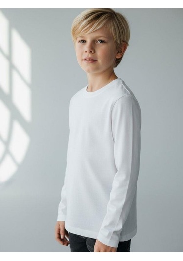Zekids Erkek Çocuk Pamuklu Uzun Kol Basic T-shirt-16713 KREM