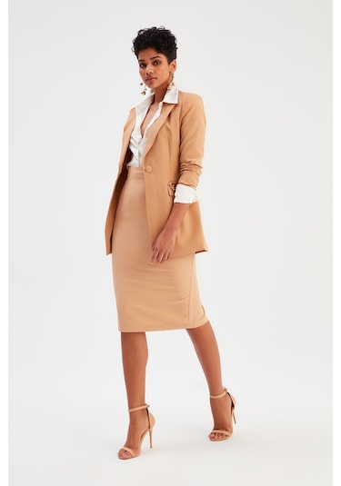 Sateen Düz Kalem Etek - Açık Camel
