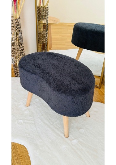 Fasulye Model Ahşap Ayaklı Teddy Kumaş Dekoratif Puf Bench Füme