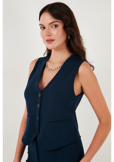 Lela Streç Fitted Fit V Yaka Düğmeli Bayan Yelek 5865971 Lacivert