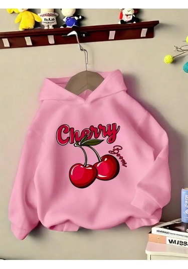 Kışlık Kapüşonlu Sweatshirt, Çocuk Cherry Baskılı Pembe