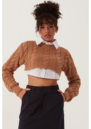 Quhox Kadın Triko Crop Sweatshirt Taba