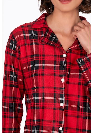 Kadın Süet Önden Düğmeli Pijama Takımı Ekose Kırmızı Kırmızı - Siyah