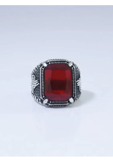Gümüş Pençe Model Tuğra Desenli Kristal Kesim Kırmızı Taşlı Erkek Yüzük