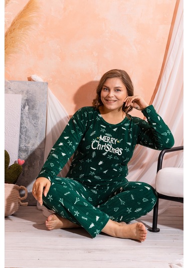 Nisanca Büyük Beden Peluş Polar Pijama Takımı- Kışlık Büyük Beden Kadın Pijama Haki