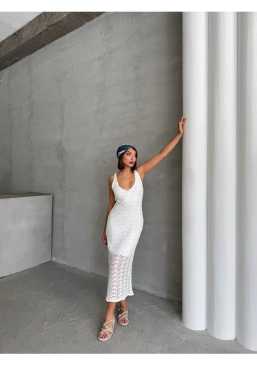 Kadın Askılı Ajurlu Yazlık Triko Elbise Ekru