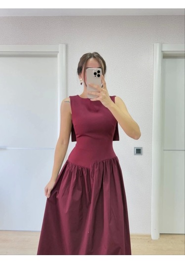 Arkası Kanatlı Uzun Elbise- Bordo Bordo
