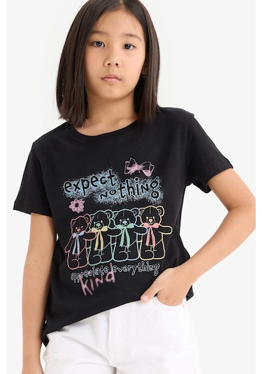 Defacto Kız Çocuk Bisiklet Yaka Baskılı Kısa Kollu Tişört E0350a825smbk81 Siyah