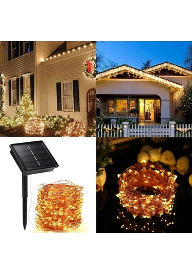 Novahub Güneş Enerjili 200 Işıklı Bakır Tel Işık Zinciri - 8 Modlu Sıcak Beyaz Dekorasyon Işık Sıcak Beyaz