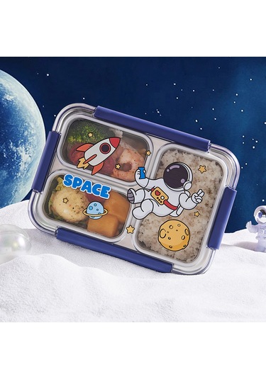 Dekorasyaa Mavi Çocuk Beslenme Kabı - Bölmeli Lunchbox - Vakumlu - 3 Bölmeli Mavi