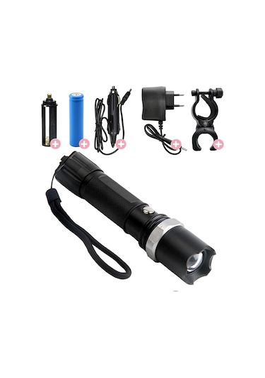 Profesyonel Şarjlı El Feneri Zoom Özellikli+TüfeNk Aparatı 6 Par Siyah