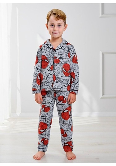 Erkek Çocuk Örümcek Desenli Düğmeli Alt Üst Pijama Takımı Kırmızı