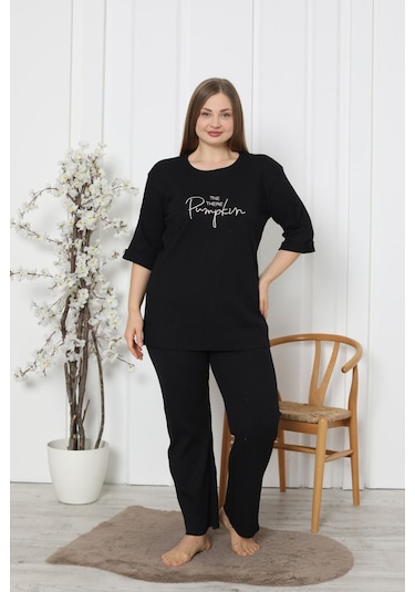 Fames Pijama Fitilli Kaşkorse Pamuklu Ispanyol Paça Yeni Sezon Büyük Beden Ev Giyim Siyah