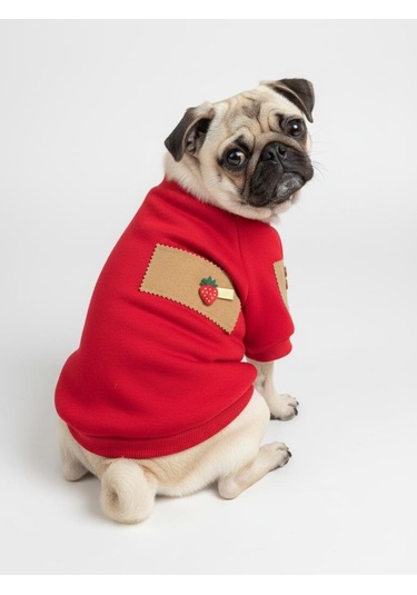 Sevimli Çilek Detaylı Kırmızı Köpek Polar Sweatshirt