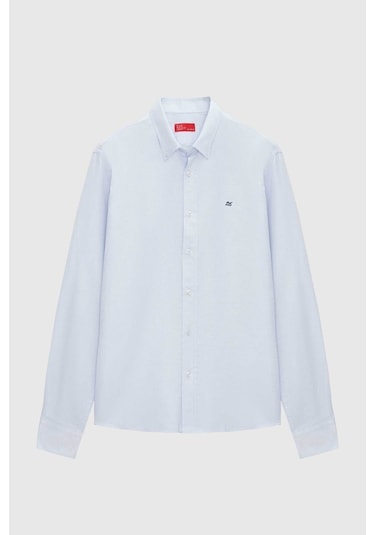 Ds Damat Slim Fit Mavi Oxford Düğmeli Yaka Kolay Ütülenebilir Nakış Detaylı Pamuklu Gömlek 4HC02ORT03265 Mavi