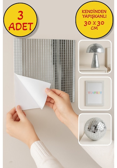 3 Lü Kendinden Yapışkanlı Silver Ayna Mozaik Disco Sticker Duvar Çerçeve Eşya Dekoratif Kaplama30x30 Gümüş