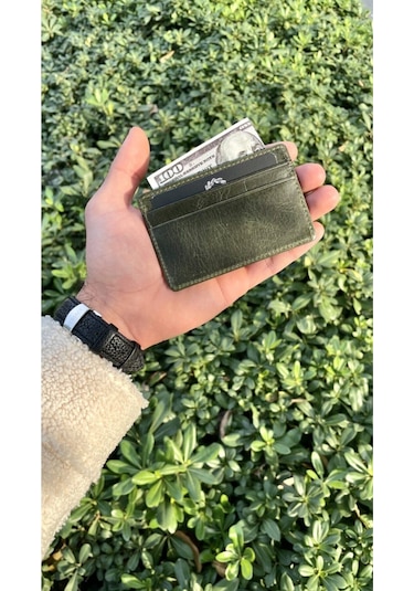 Unisex Antik Yeşil Mini Design Hakiki Deri Kartlık Cüzdan Erkek - Kadın Yeşil