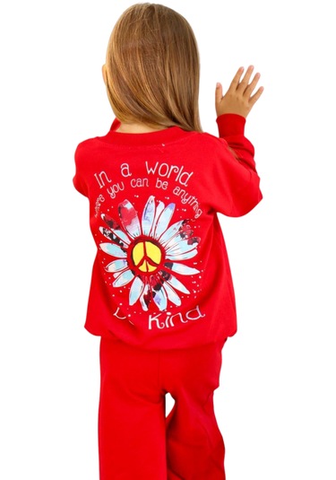 Kız Çocuk Çiçek Desenli Hırkalı Kırmızı Renk Üçlü Takım Kırmızı