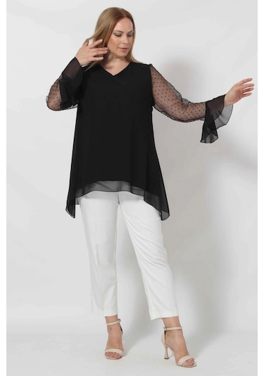 1939-5s Siyah Kolu Puantiye Dantelli Şifon Şık Bluz Siyah