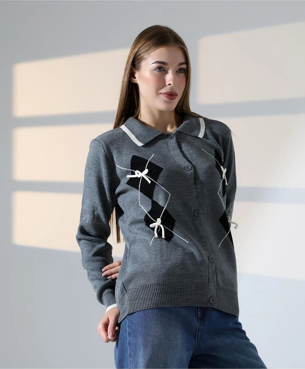 Baklava Desen Polo Yaka Kadın Kazak Antrasit