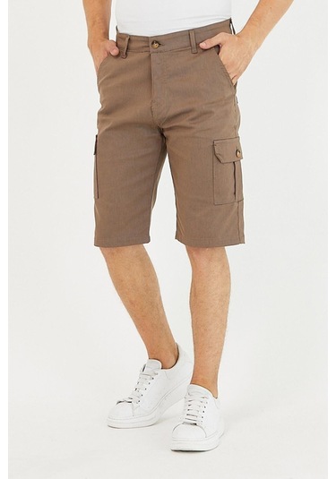 Erkek Kargo Yandan Cepli Esnek Kumaş Slim Fit Kapri Şort Açık Kahve Açık Kahverengi