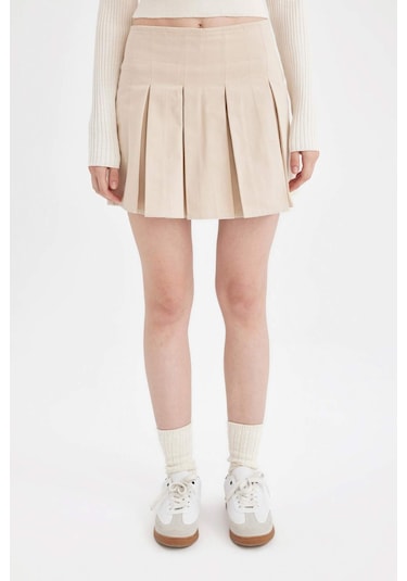 Defacto Coool Piliseli Normal Bel Basic Düz Gabardin Mini Etek D5265AX24AUER42 Ekru