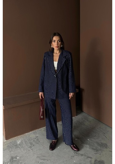 Lacivert Çizgili Ceket Ve Pantolon Takım Lacivert