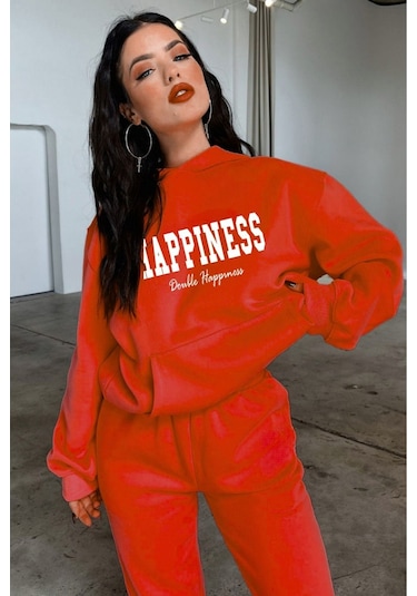 Happiness Eşofman Takımı Sweatshirt Jogger - Kırmızı Baskılı Oversize Şardonlu Kapüşonlu Bordo