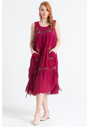 Kolsuz Vual Ahsen Nakışlı Midi Boy Elbise Bordo Brd-bordo